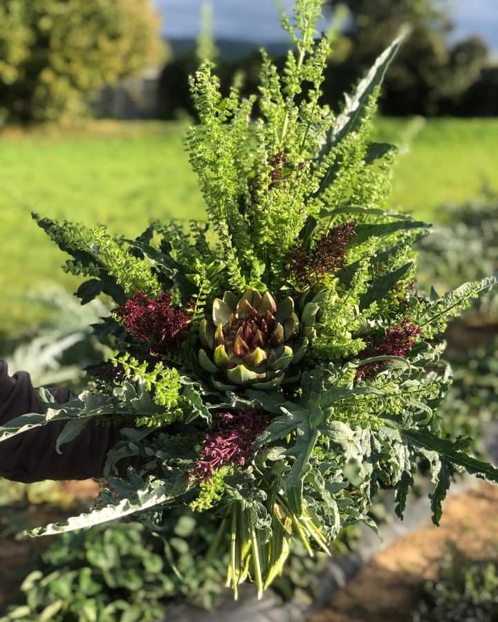 Artischocken-Erntebouquet aus dem Garten, mit Sprossen, getrockneten Blütenständen und einer reifen Knospe in der Mitte